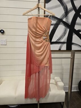 Sleeveless Ombre Coral & Peach Evening Dress with Embellished Waist